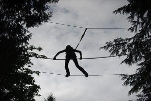 Person walking a wire ropes course.